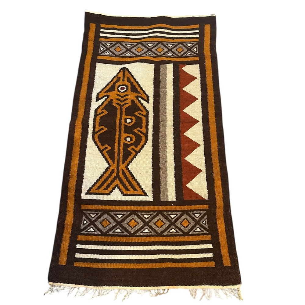 Vintage Hand Woven Wool Ecuador Fish Tribal Folk Art Wall Hanging Floor Rug